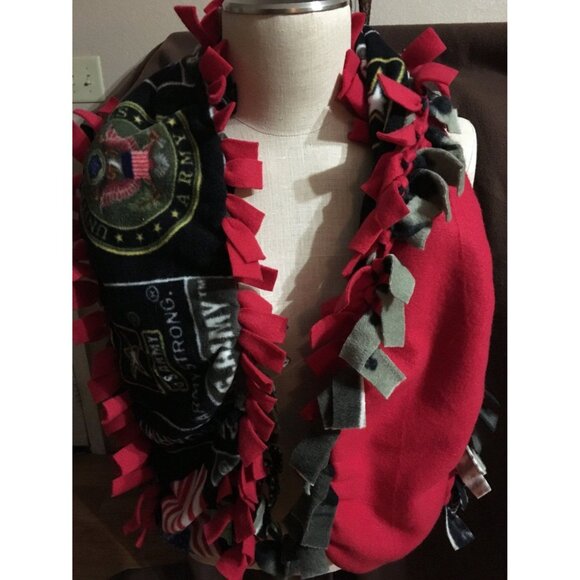 US Army American Flag Double Layer Fringed Scarf Black Red  Adult Handmade - Picture 2 of 2